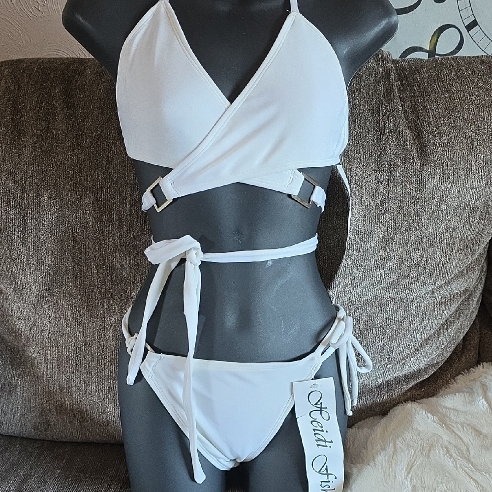 White Halter Wrap Bikini with Side-Tie Details By Heidi Fish